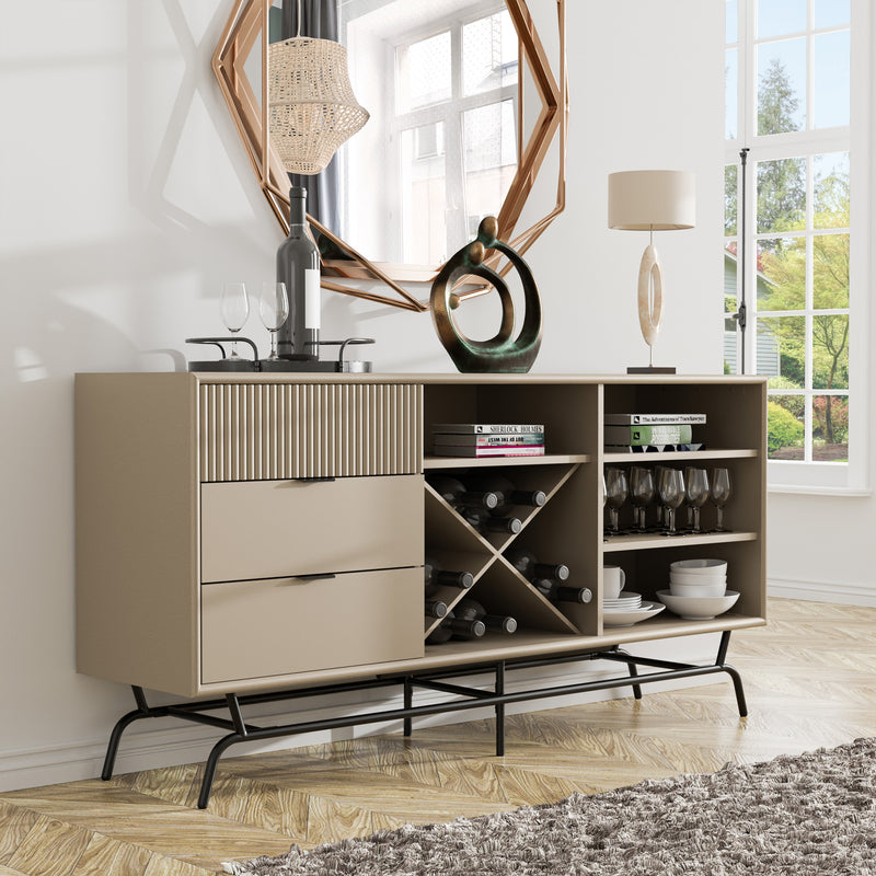 Right facing contemporary three-drawer light taupe and black buffet with a wine rack in a room with accessories