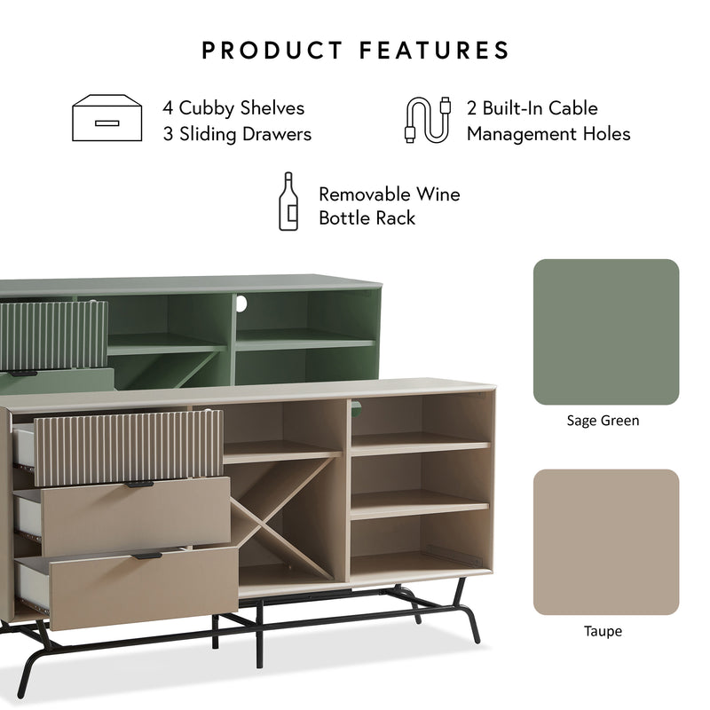 Informational image showing the product features of a contemporary three-drawer light taupe and black buffet with a wine rack