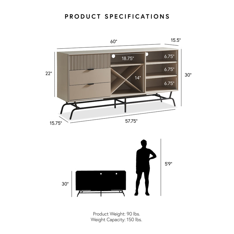 Informational image showing the product dimensions of a contemporary three-drawer light taupe and black buffet with a wine rack