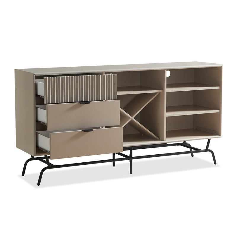 Right facing contemporary three-drawer light taupe and black buffet with a wine rack and drawers open on a white background