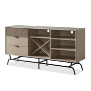 Left facing contemporary three-drawer light taupe and black buffet with a wine rack on a white background
