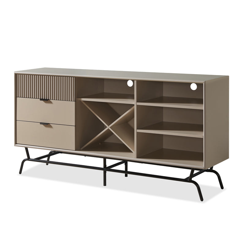 Left facing contemporary three-drawer light taupe and black buffet with a wine rack on a white background