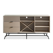 Front facing contemporary three-drawer light taupe and black buffet with a wine rack on a white background