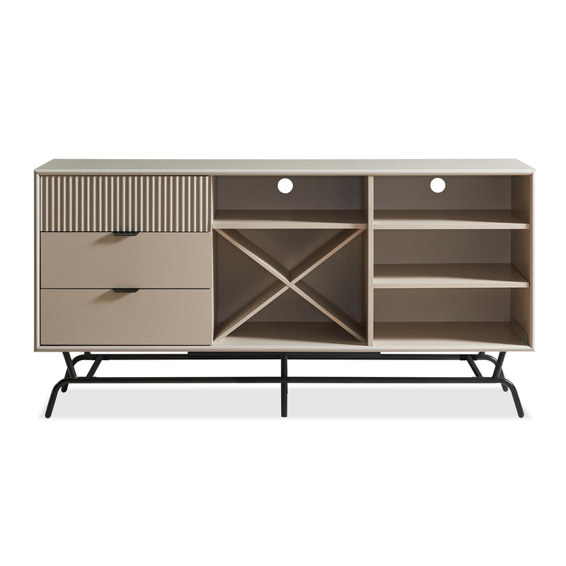 Front facing contemporary three-drawer light taupe and black buffet with a wine rack on a white background