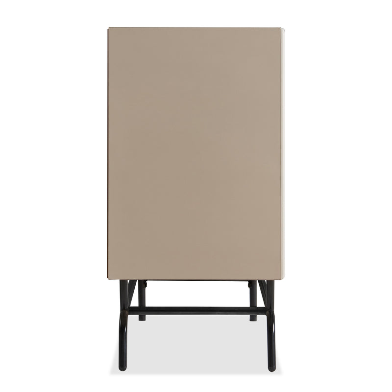 Front facing side view of a contemporary three-drawer light taupe and black buffet with a wine rack on a white background