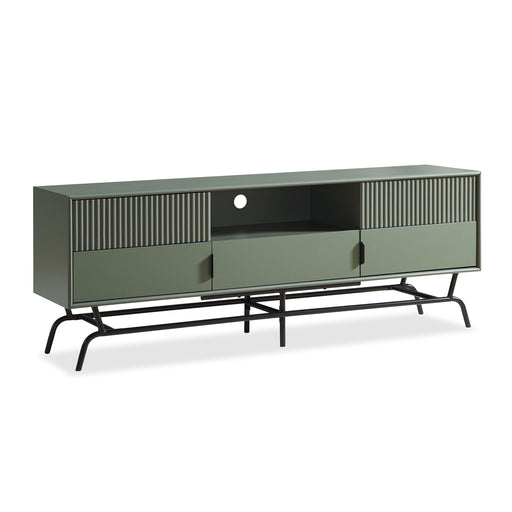 Right facing contemporary sage green and black three-drawer two-door TV stand with fluting on a white background