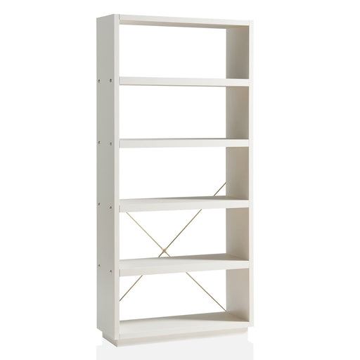Right facing contemporary cream weave and bright gold five-shelf bookcase with an X-brace on a white background