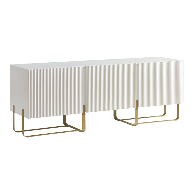 Right facing contemporary white and vintage gold fluted three-door TV stand on a white background