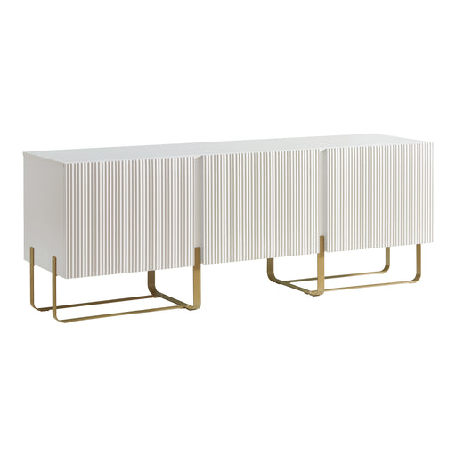 Right facing contemporary white and vintage gold fluted three-door TV stand on a white background