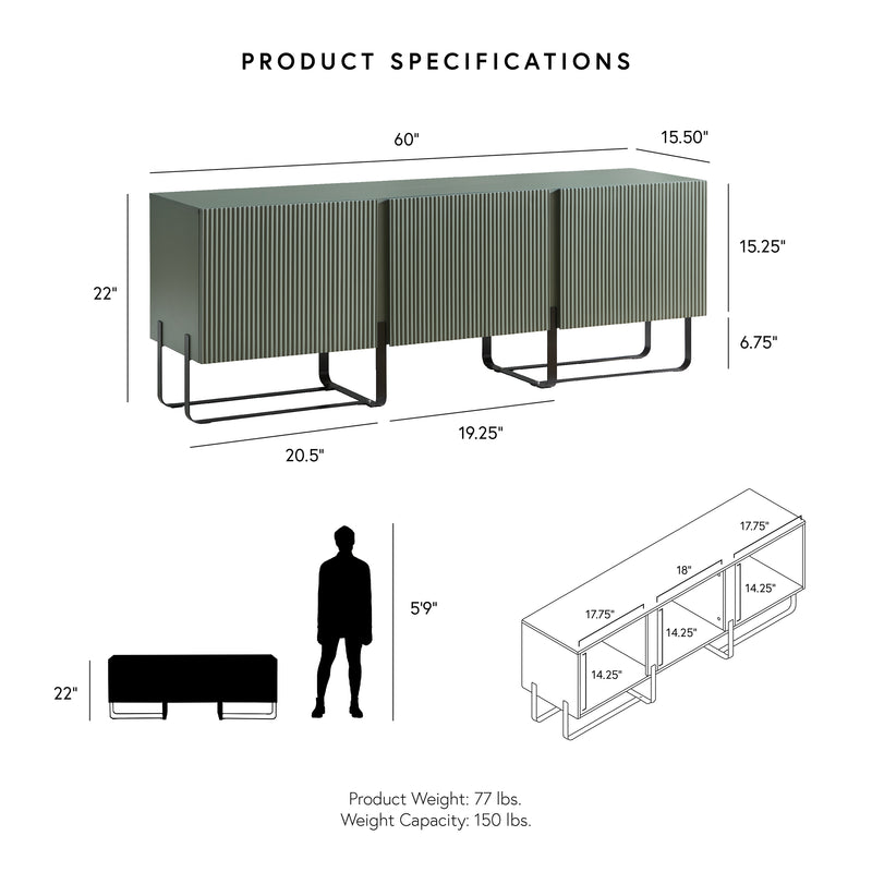 Informational image showing the dimensions of a contemporary white and vintage gold fluted three-door TV stand