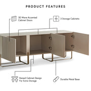 Informational image showing the product features of a contemporary white and vintage gold fluted three-door TV stand