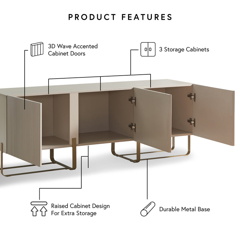 Informational image showing the product features of a contemporary white and vintage gold fluted three-door TV stand