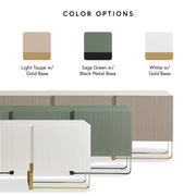 Informational image showing the color options of a contemporary white and vintage gold fluted three-door TV stand