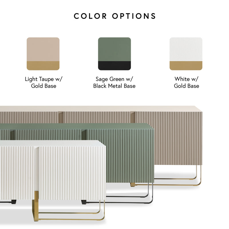 Informational image showing the color options of a contemporary white and vintage gold fluted three-door TV stand