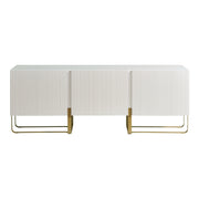 Front facing contemporary white and vintage gold fluted three-door TV stand on a white background