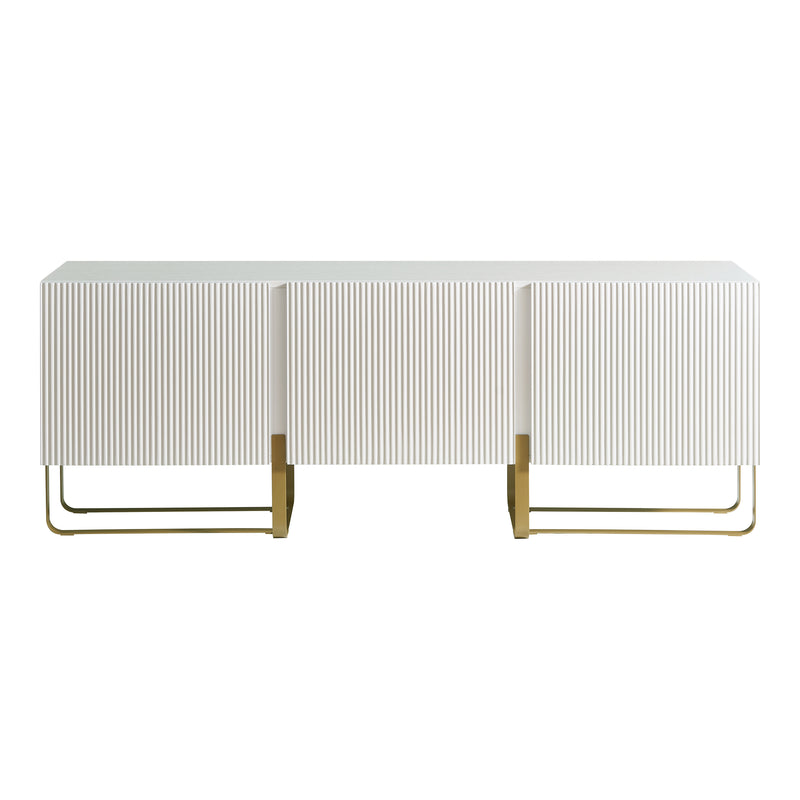 Front facing contemporary white and vintage gold fluted three-door TV stand on a white background