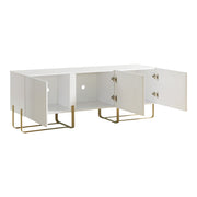 Right facing contemporary white and vintage gold fluted three-door TV stand with doors open on a white background