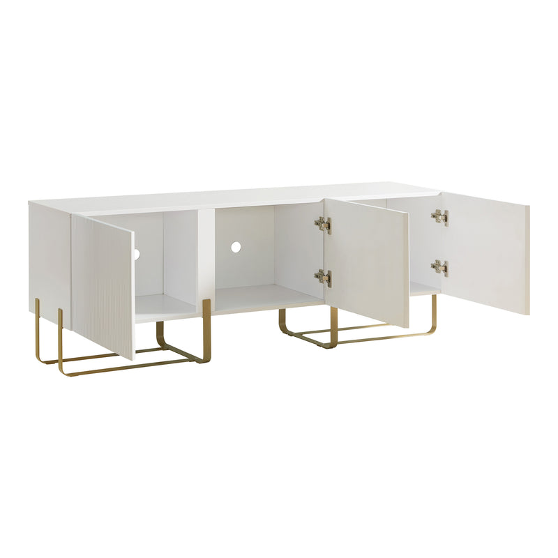 Right facing contemporary white and vintage gold fluted three-door TV stand with doors open on a white background