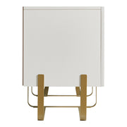 Front facing side view of a contemporary white and vintage gold fluted three-door TV stand on a white background