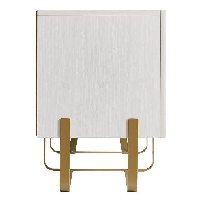 Front facing side view of a contemporary white and vintage gold fluted three-door TV stand on a white background