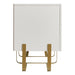 Front facing side view of a contemporary white and vintage gold fluted three-door TV stand on a white background