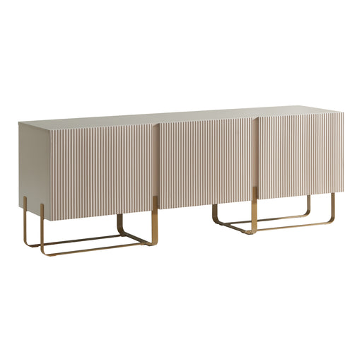 Right facing contemporary light taupe and vintage gold fluted three-door TV stand on a white background