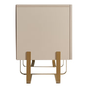 Front facing side view of a contemporary light taupe and vintage gold fluted three-door TV stand on a white background