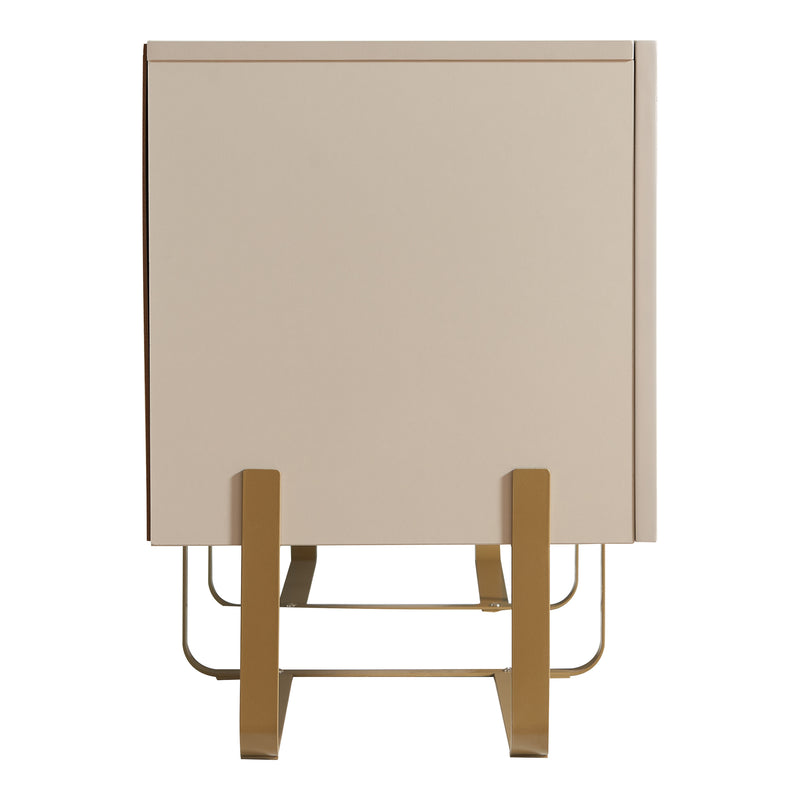Front facing side view of a contemporary light taupe and vintage gold fluted three-door TV stand on a white background