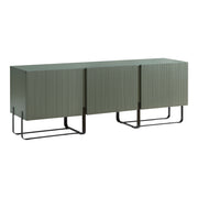 Right facing contemporary sage green and black fluted three-door TV stand on a white background