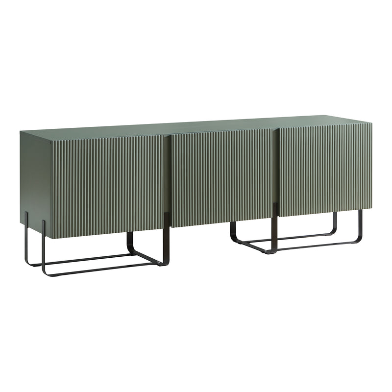 Right facing contemporary sage green and black fluted three-door TV stand on a white background