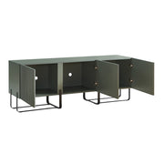 Right facing contemporary sage green and black fluted three-door TV stand with doors open on a white background