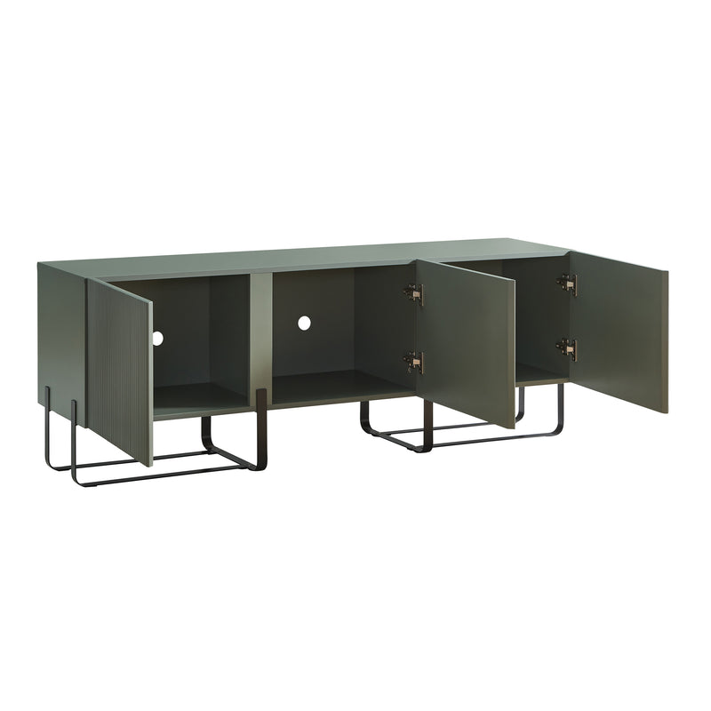 Right facing contemporary sage green and black fluted three-door TV stand with doors open on a white background