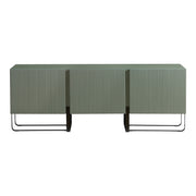 Front facing contemporary sage green and black fluted three-door TV stand on a white background