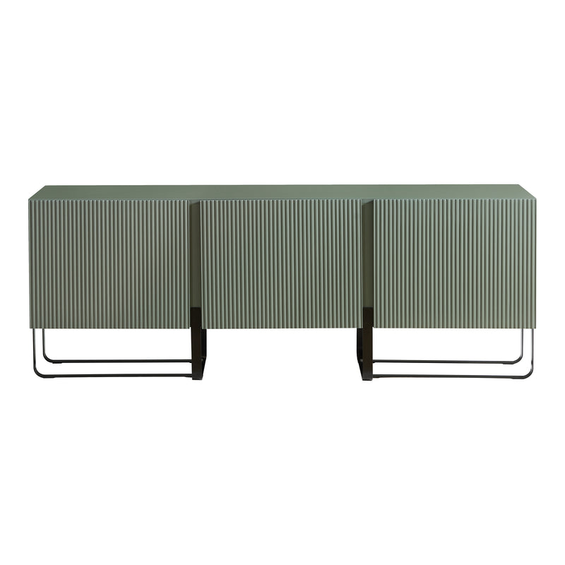 Front facing contemporary sage green and black fluted three-door TV stand on a white background