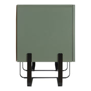 Front facing side view of a contemporary sage green and black fluted three-door TV stand on a white background