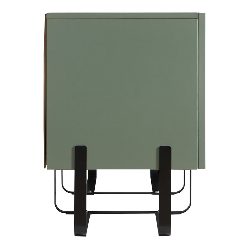 Front facing side view of a contemporary sage green and black fluted three-door TV stand on a white background