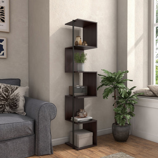 Right facing contemporary espresso and black five-shelf tiered corner bookcase in a room with accessories