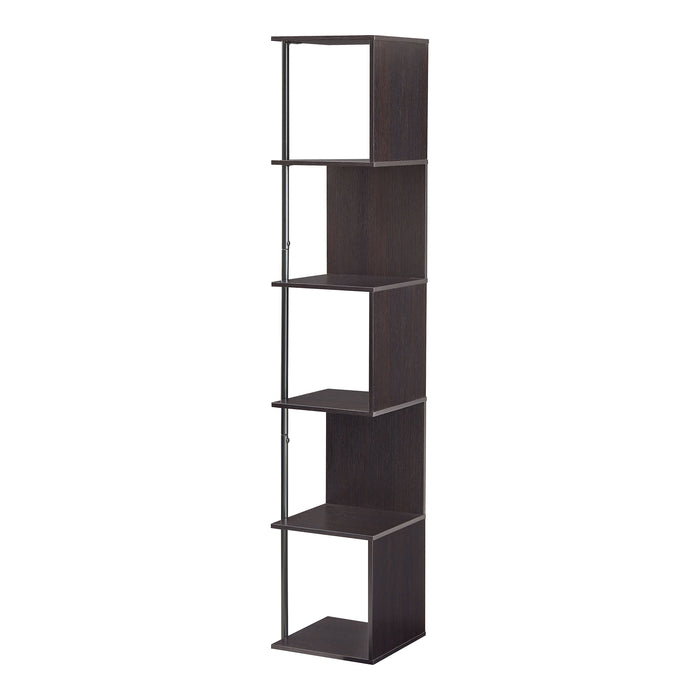 Left facing contemporary espresso and black five-shelf tiered corner bookcase on a white background