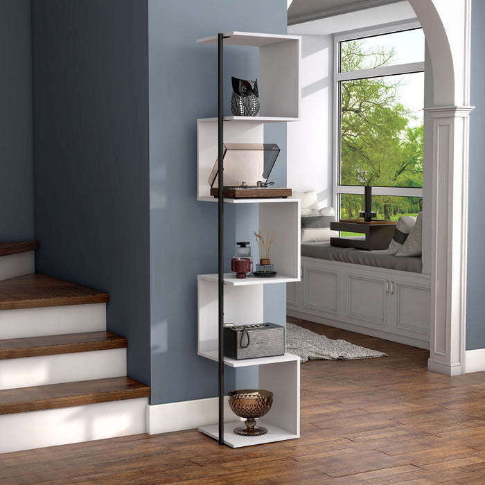 Right facing contemporary white and black five-shelf tiered corner bookcase in a room with accessories