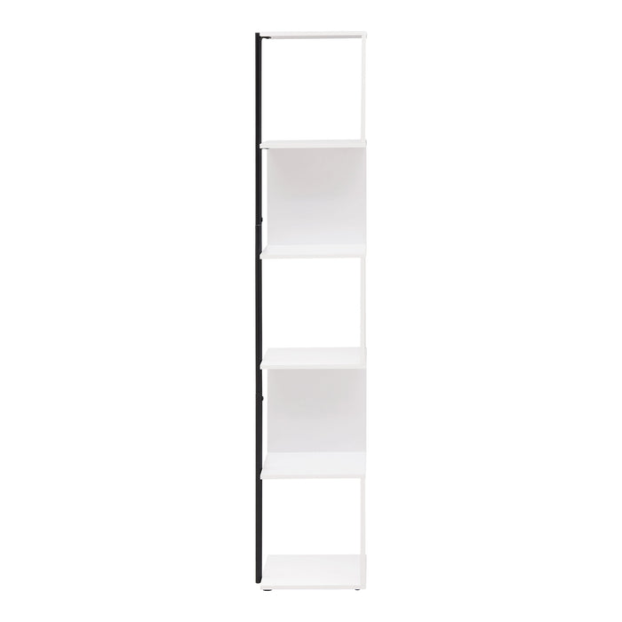 Front facing contemporary white and black five-shelf tiered corner bookcase on a white background