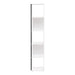 Front facing contemporary white and black five-shelf tiered corner bookcase on a white background