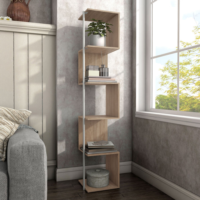 Right facing contemporary natural and white five-shelf tiered corner bookcase in a room with accessories