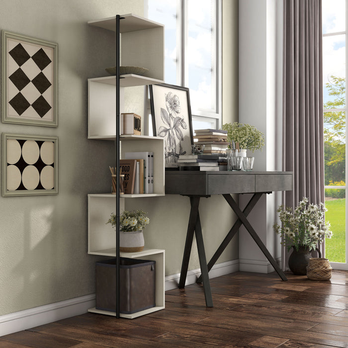 Right facing contemporary blush pink and black five-shelf tiered corner bookcase in a room with accessories
