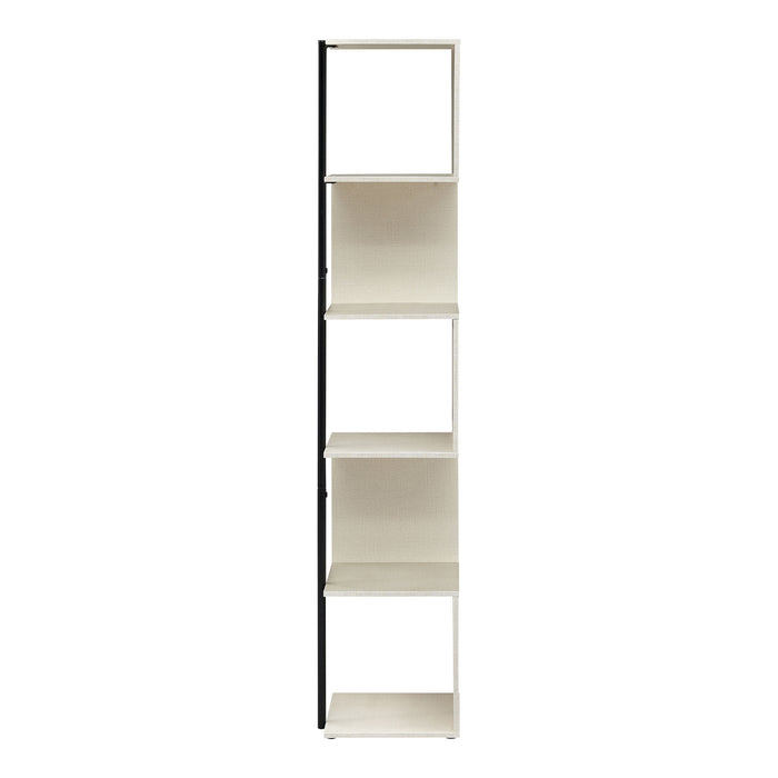 Front facing contemporary blush pink and black five-shelf tiered corner bookcase on a white background