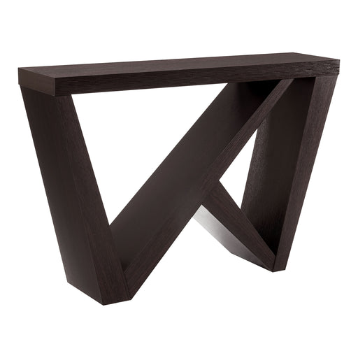 Right facing modern farmhouse espresso slant-design console table on a white background