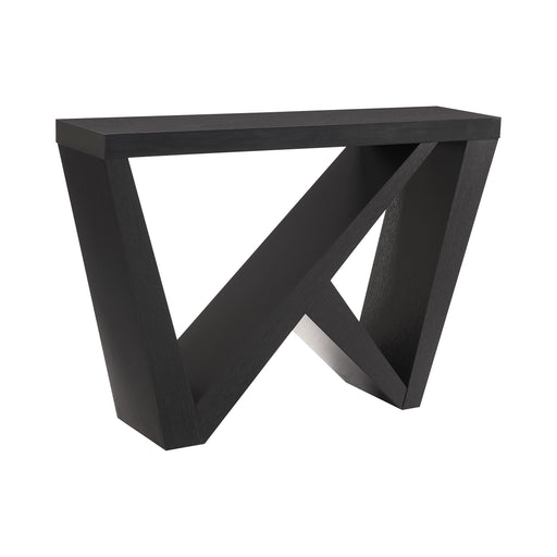 Right facing modern farmhouse black slant-design console table on a white background