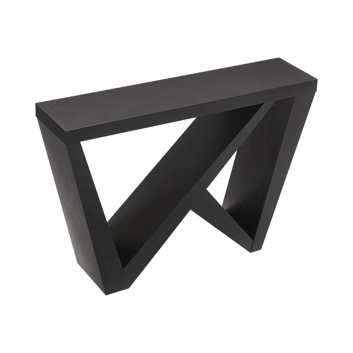 Right facing modern farmhouse black slant-design console table on a white background