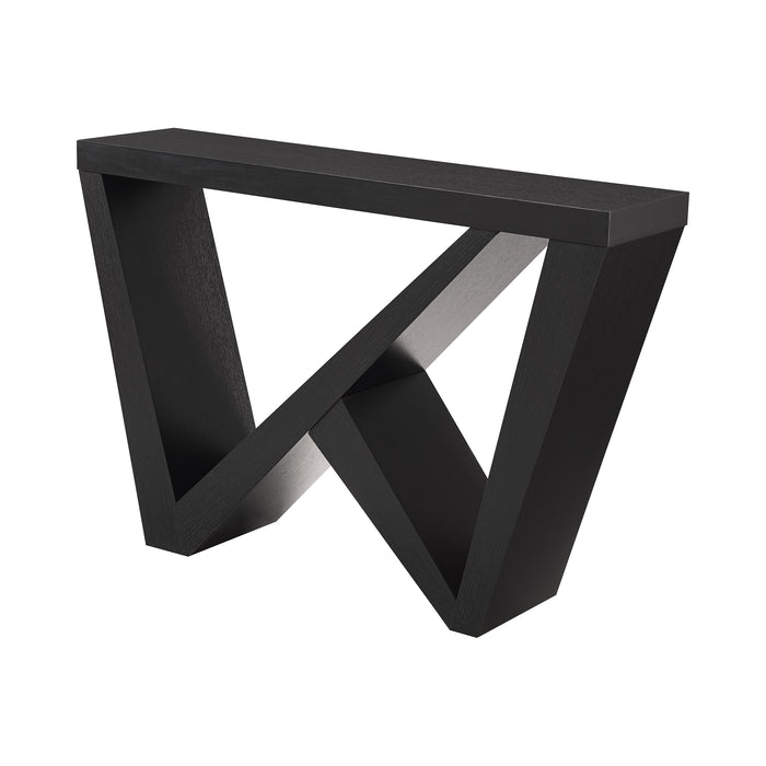 Left facing modern farmhouse black slant-design console table on a white background