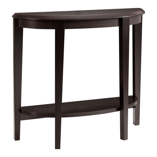 Right facing modern espresso demi-lune one-shelf console table on a white background