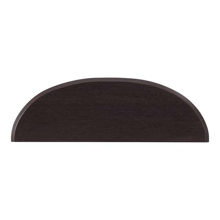 Front facing top view of a modern espresso demi-lune one-shelf console table on a white background
